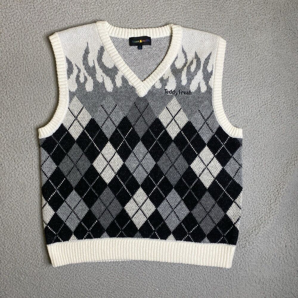 Teddy Fresh Sweater Vest Men Large Gray Black White In Flame Argyle Diamond NWOT